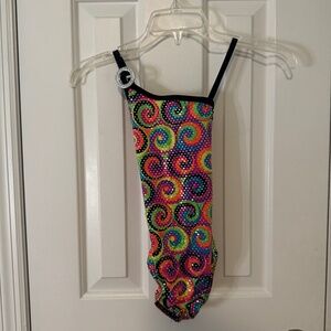 Girls Rainbow Swirl Dance Leotard w/ Sequin Rhinestone Strap